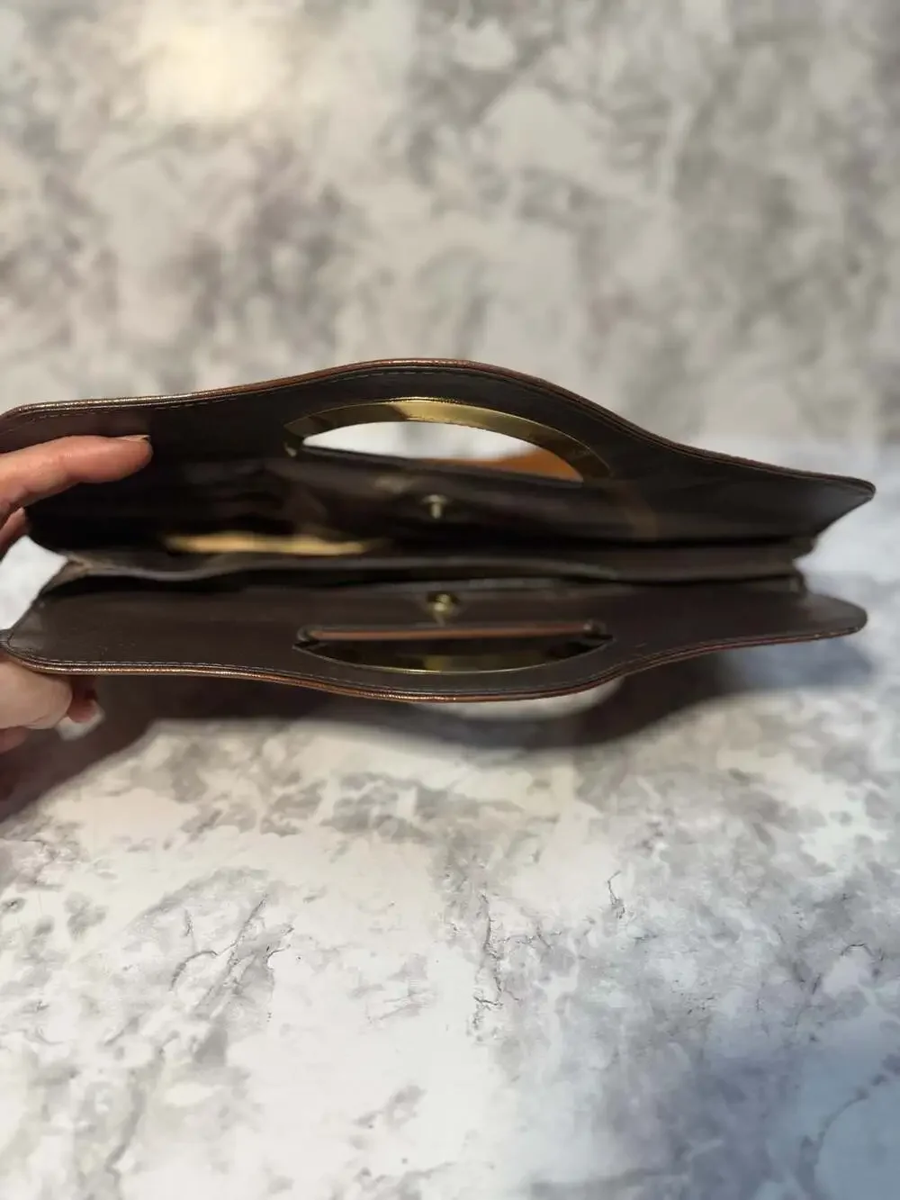 Vintage Brown Suede and Leather Clutch with Gold Metallic Top‎ Handle